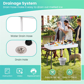 4FT Folding Ice Cooler Table with Drain, Bucket & Removable Skirt, Portable Fill and Chill Table for Food Drink, Camping Party BBQ, No Assembly