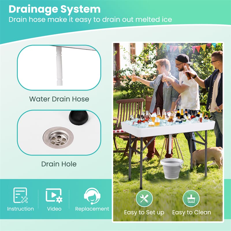4FT Folding Ice Cooler Table with Drain, Bucket & Removable Skirt, Portable Fill and Chill Table for Food Drink, Camping Party BBQ, No Assembly
