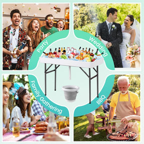 4FT Folding Ice Cooler Table with Drain, Bucket & Removable Skirt, Portable Fill and Chill Table for Food Drink, Camping Party BBQ, No Assembly