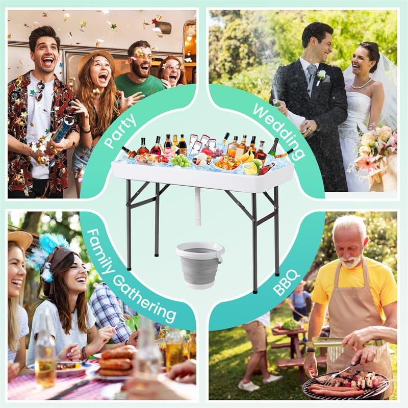 4FT Folding Ice Cooler Table with Drain, Bucket & Removable Skirt, Portable Fill and Chill Table for Food Drink, Camping Party BBQ, No Assembly