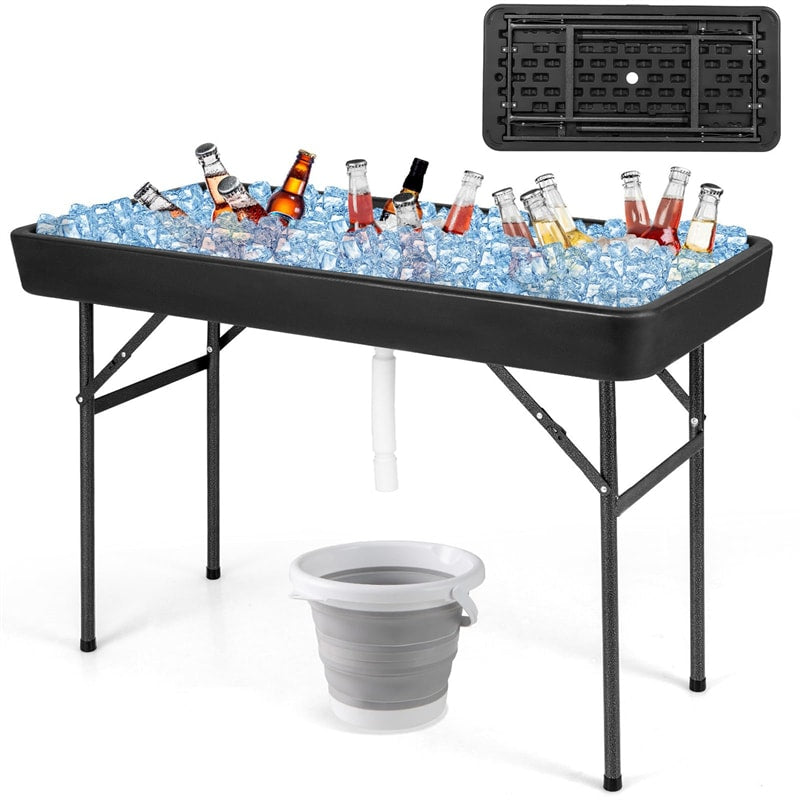 4FT Folding Ice Cooler Table with Drain, Bucket & Removable Skirt, Portable Fill and Chill Table for Food Drink, Camping Party BBQ, No Assembly