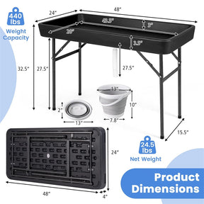 4FT Folding Ice Cooler Table with Drain, Bucket & Removable Skirt, Portable Fill and Chill Table for Food Drink, Camping Party BBQ, No Assembly