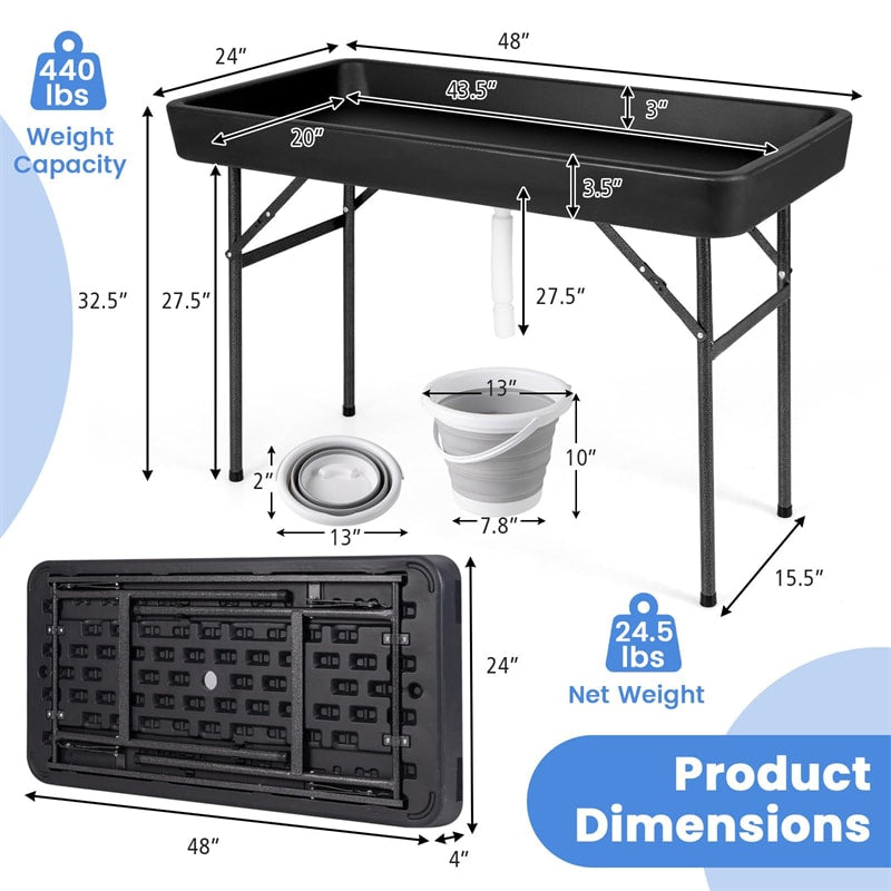 4FT Folding Ice Cooler Table with Drain, Bucket & Removable Skirt, Portable Fill and Chill Table for Food Drink, Camping Party BBQ, No Assembly