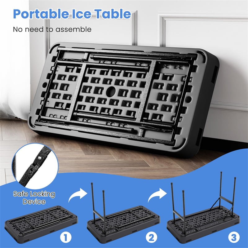 4FT Folding Ice Cooler Table with Drain, Bucket & Removable Skirt, Portable Fill and Chill Table for Food Drink, Camping Party BBQ, No Assembly