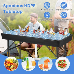 4FT Folding Ice Cooler Table with Drain, Bucket & Removable Skirt, Portable Fill and Chill Table for Food Drink, Camping Party BBQ, No Assembly