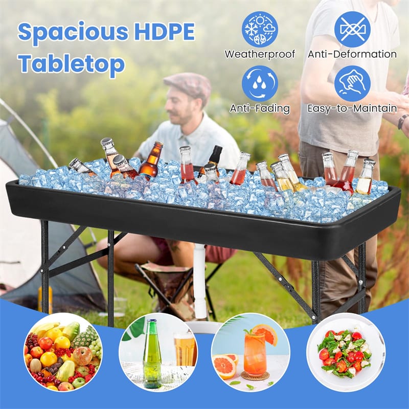 4FT Folding Ice Cooler Table with Drain, Bucket & Removable Skirt, Portable Fill and Chill Table for Food Drink, Camping Party BBQ, No Assembly