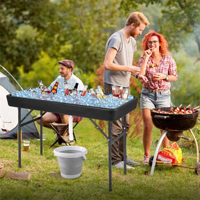 4FT Folding Ice Cooler Table with Drain, Bucket & Removable Skirt, Portable Fill and Chill Table for Food Drink, Camping Party BBQ, No Assembly