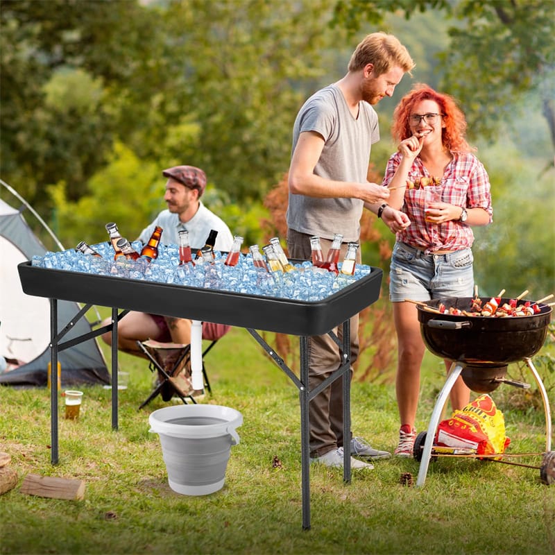 4FT Folding Ice Cooler Table with Drain, Bucket & Removable Skirt, Portable Fill and Chill Table for Food Drink, Camping Party BBQ, No Assembly