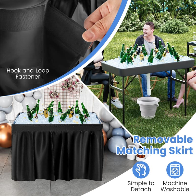 4FT Folding Ice Cooler Table with Drain, Bucket & Removable Skirt, Portable Fill and Chill Table for Food Drink, Camping Party BBQ, No Assembly