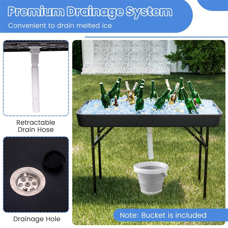 4FT Folding Ice Cooler Table with Drain, Bucket & Removable Skirt, Portable Fill and Chill Table for Food Drink, Camping Party BBQ, No Assembly