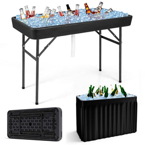 4FT Folding Ice Cooler Table with Drain, Bucket & Removable Skirt, Portable Fill and Chill Table for Food Drink, Camping Party BBQ, No Assembly