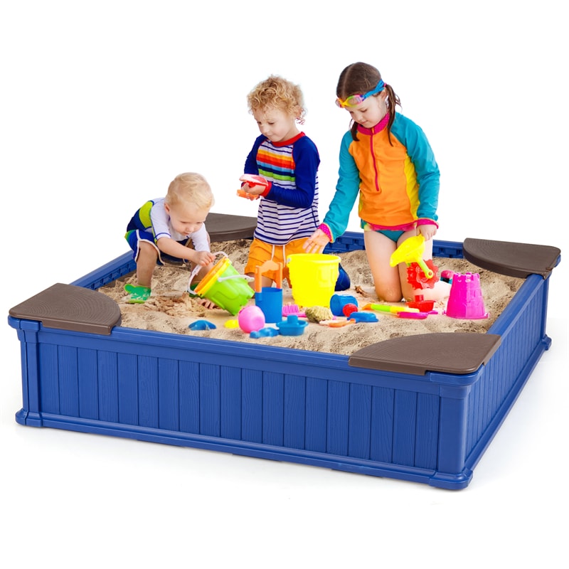 4 x 4 FT Large HDPE Kids Sandbox with Oxford Cover, 4 Corner Seats & Bottom Liner, All Weather Resistant Outdoor Sand Pit