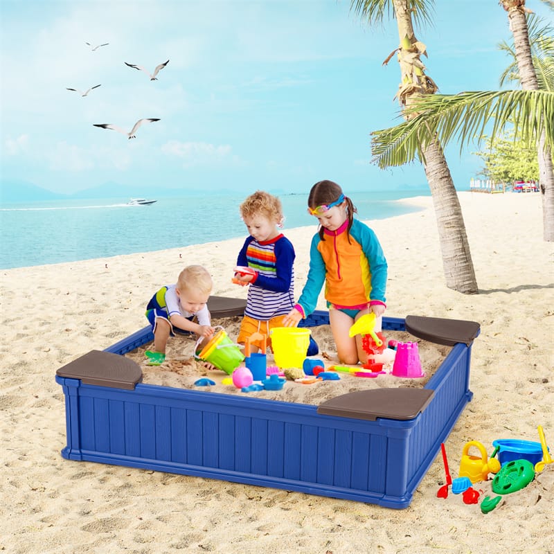 4 x 4 FT Large HDPE Kids Sandbox with Oxford Cover, 4 Corner Seats & Bottom Liner, All Weather Resistant Outdoor Sand Pit