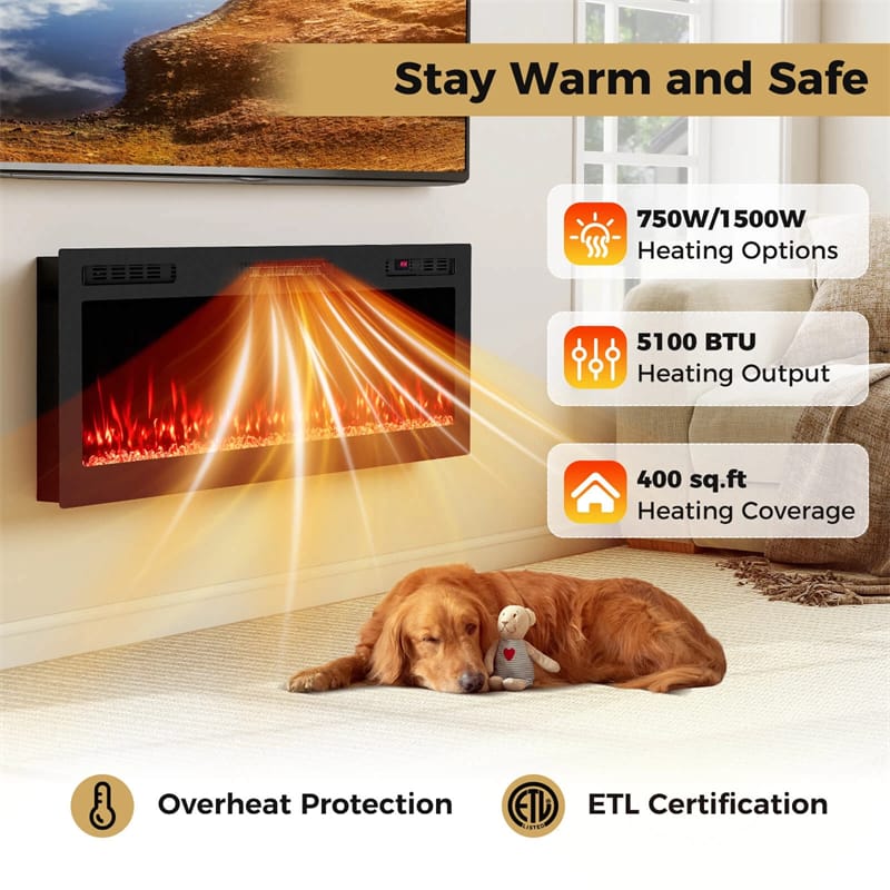 36-68" Smart WiFi Electric Fireplace, Recessed/Wall Mounted Fireplace Heater, 12 Flame & Ember Bed Colors, Alexa/Google Assistant, 12H Timer