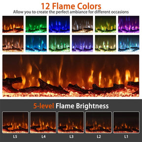 36-60 Inch Recessed 3-Sided Electric Fireplace Insert, 1200W Fireplace Heater with 12 Flame Colors, Remote Control, 5 Brightness & 8H Timer