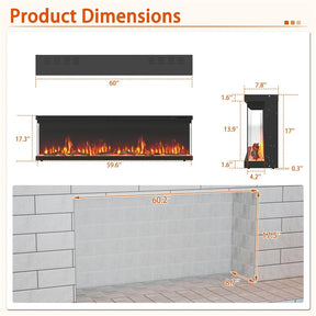 36-60 Inch Recessed 3-Sided Electric Fireplace Insert, 1200W Fireplace Heater with 12 Flame Colors, Remote Control, 5 Brightness & 8H Timer