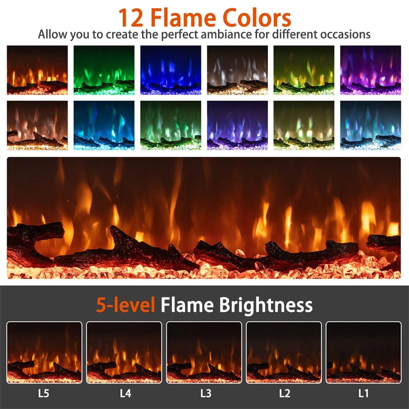 36-60 Inch Recessed 3-Sided Electric Fireplace Insert, 1200W Fireplace Heater with 12 Flame Colors, Remote Control, 5 Brightness & 8H Timer