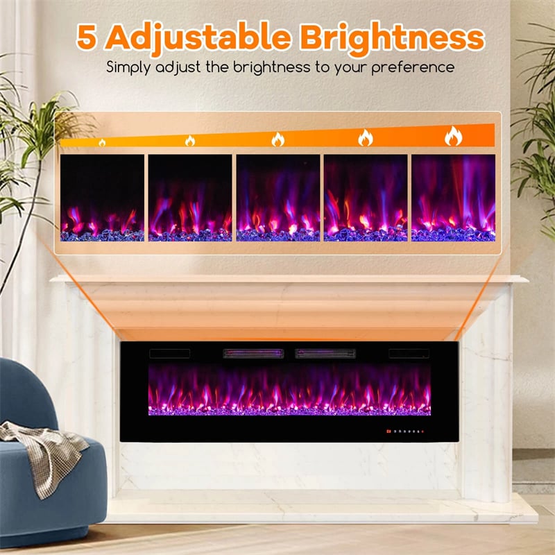 42-72" Smart WiFi Electric Fireplace Heater, Ultra-Thin Recessed & Wall Mounted with Adjustable 12 Flame Color, Remote/APP Control, 12H Timer