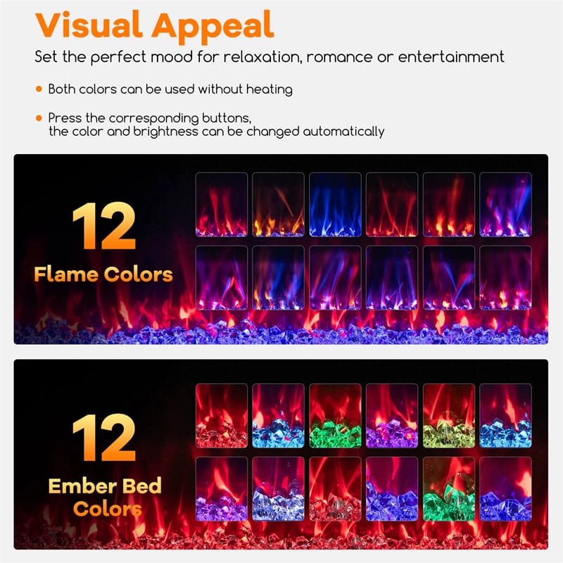 42-72" Smart WiFi Electric Fireplace Heater, Ultra-Thin Recessed & Wall Mounted with Adjustable 12 Flame Color, Remote/APP Control, 12H Timer