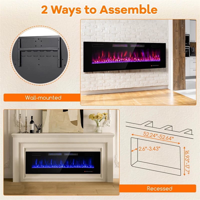 42-72" Smart WiFi Electric Fireplace Heater, Ultra-Thin Recessed & Wall Mounted with Adjustable 12 Flame Color, Remote/APP Control, 12H Timer