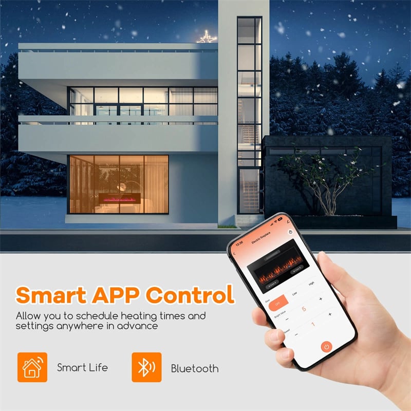 42-72" Smart WiFi Electric Fireplace Heater, Ultra-Thin Recessed & Wall Mounted with Adjustable 12 Flame Color, Remote/APP Control, 12H Timer