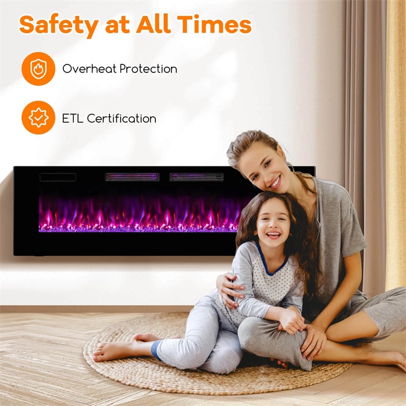 42-72" Smart WiFi Electric Fireplace Heater, Ultra-Thin Recessed & Wall Mounted with Adjustable 12 Flame Color, Remote/APP Control, 12H Timer