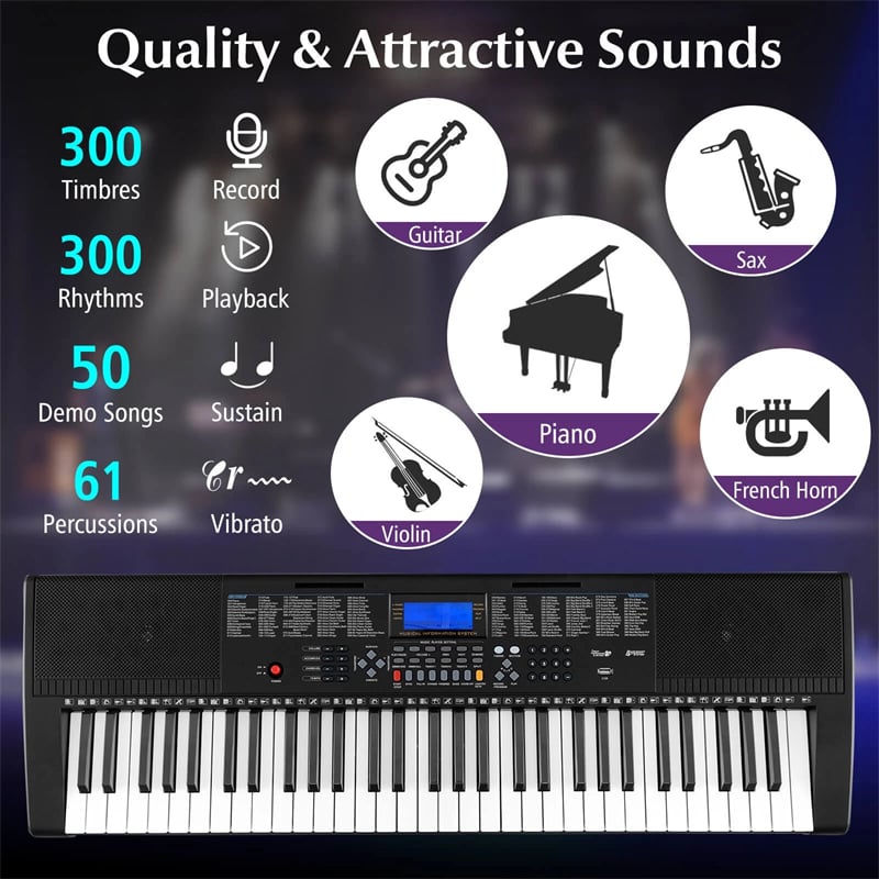 61-Key Lighted Electric Piano Keyboard for Beginners with Adjustable Stand & Folding Stool, Headphones, Microphone, 3 Teaching Modes