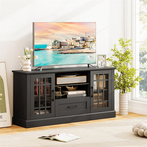 62" Farmhouse TV Stand for 70 Inch TVs, Tall Media Console Table with 2 Glass Doors, Cubbies & Drawer, Storage Cabinet for Living Room