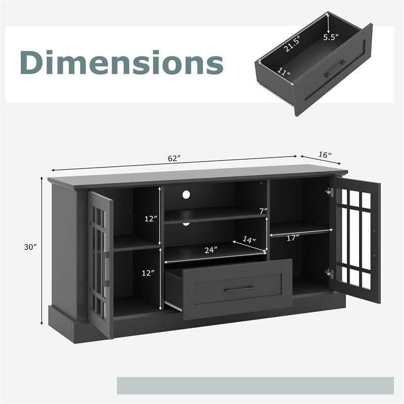 62" Farmhouse TV Stand for 70 Inch TVs, Tall Media Console Table with 2 Glass Doors, Cubbies & Drawer, Storage Cabinet for Living Room