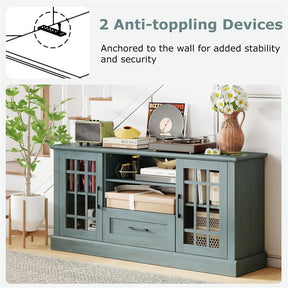 62" Farmhouse TV Stand for 70 Inch TVs, Tall Media Console Table with 2 Glass Doors, Cubbies & Drawer, Storage Cabinet for Living Room
