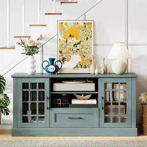 62" Farmhouse TV Stand for 70 Inch TVs, Tall Media Console Table with 2 Glass Doors, Cubbies & Drawer, Storage Cabinet for Living Room