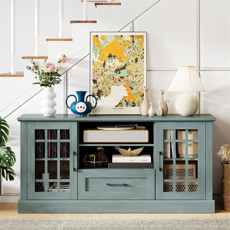 62" Farmhouse TV Stand for 70 Inch TVs, Tall Media Console Table with 2 Glass Doors, Cubbies & Drawer, Storage Cabinet for Living Room