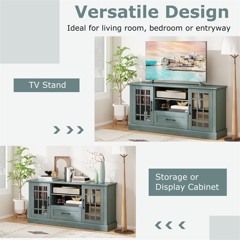 62" Farmhouse TV Stand for 70 Inch TVs, Tall Media Console Table with 2 Glass Doors, Cubbies & Drawer, Storage Cabinet for Living Room
