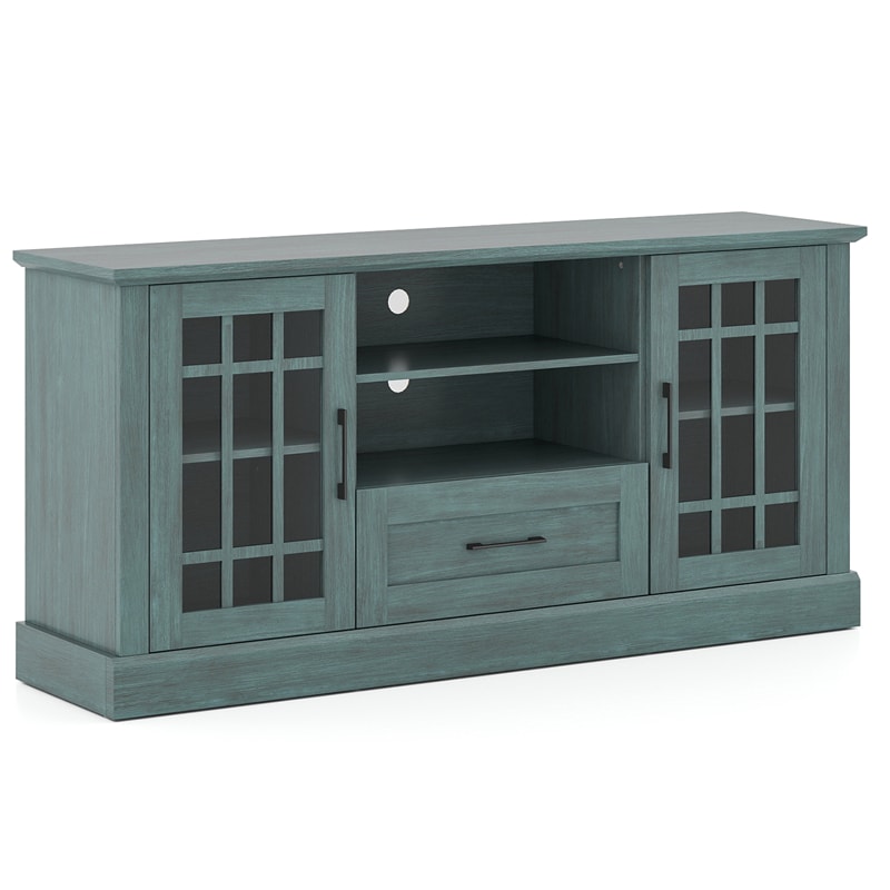 62" Farmhouse TV Stand for 70 Inch TVs, Tall Media Console Table with 2 Glass Doors, Cubbies & Drawer, Storage Cabinet for Living Room