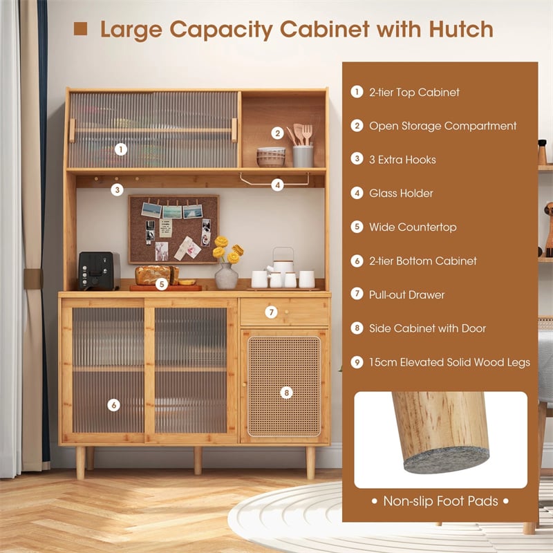 69" Tall Bamboo Kitchen Pantry Hutch Cabinet, Freestanding Buffet Sideboard with Rattan Door, Wine Storage & Microwave Countertop for Coffee Bar