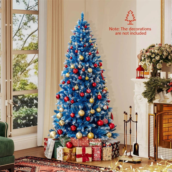 6/7/8/9 FT Pre-Lit Christmas Tree, Blue Hinged Xmas Tree with Frosted PVC Tips, Warm White LED Lights, 8 Modes & Folding Stand for Holiday Decor