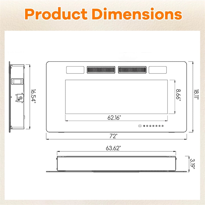 42-72" Smart WiFi Electric Fireplace Heater, Ultra-Thin Recessed & Wall Mounted with Adjustable 12 Flame Color, Remote/APP Control, 12H Timer