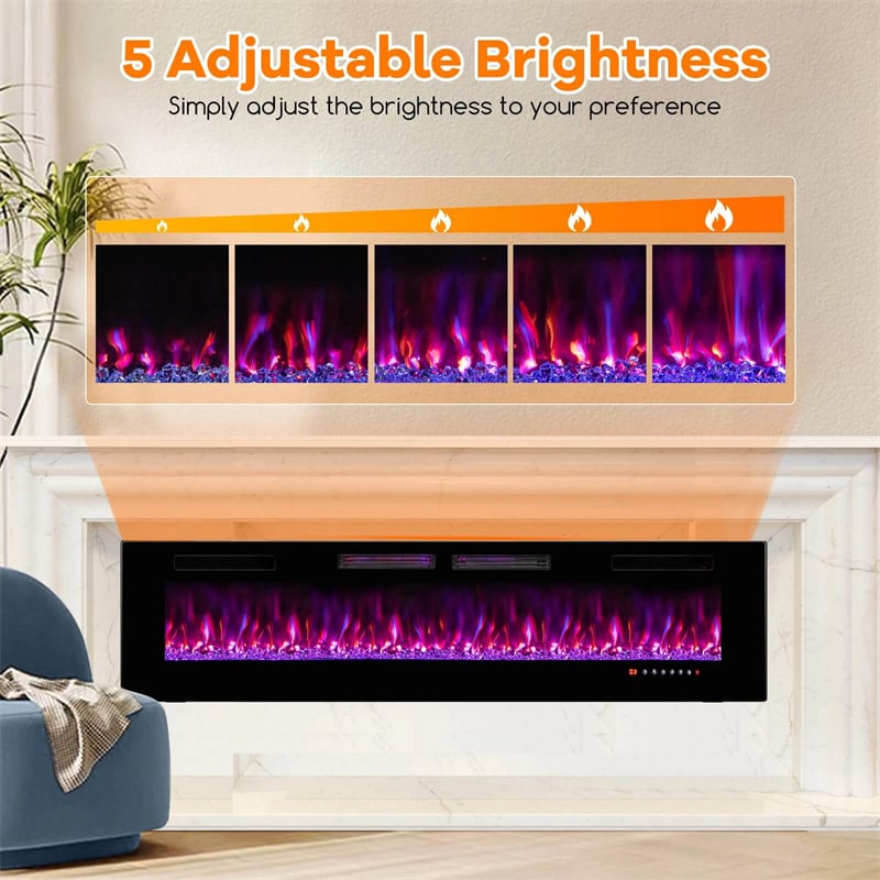 42-72" Smart WiFi Electric Fireplace Heater, Ultra-Thin Recessed & Wall Mounted with Adjustable 12 Flame Color, Remote/APP Control, 12H Timer