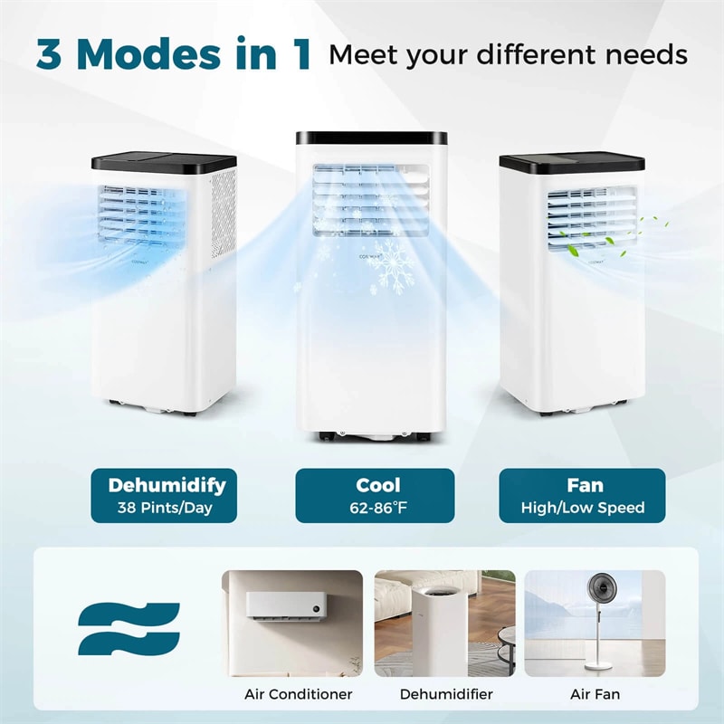 8000 BTU Portable Air Conditioner, 3-in-1 Floor AC Unit with Fan & Dehumidifier, Remote Control, 24H Timer, Window Kit for Rooms up to 350 Sq. Ft