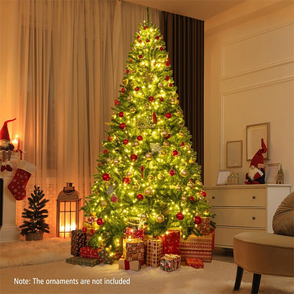 6/7/8FT Pre-Lit Artificial Christmas Tree, Hinged Xmas Tree with Remote, Warm White LED Lights, Timer, Adjustable Lighting Modes for Holiday Decor