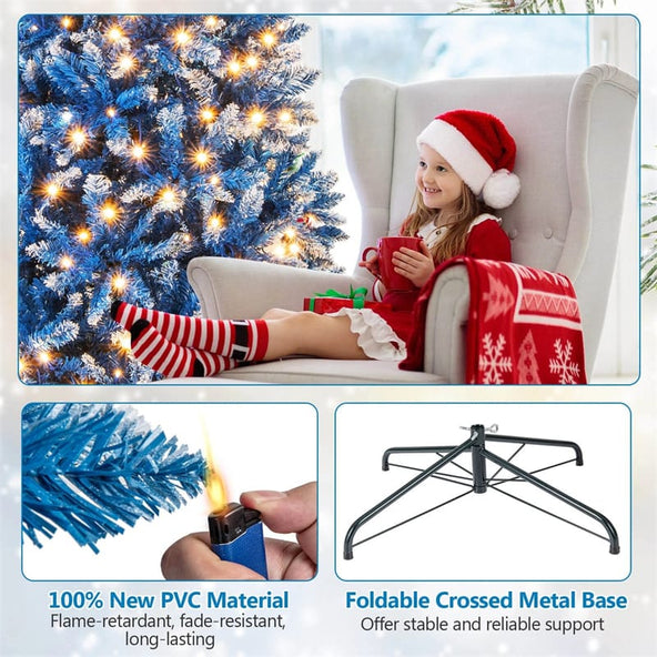 6/7/8/9 FT Pre-Lit Christmas Tree, Blue Hinged Xmas Tree with Frosted PVC Tips, Warm White LED Lights, 8 Modes & Folding Stand for Holiday Decor