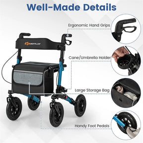 2-in-1 Folding Rolling Rollator Walker with Seat, 9" All-Terrain Pneumatic Tires & Height Adjustment, Aluminum Mobility Walking Aid for Seniors