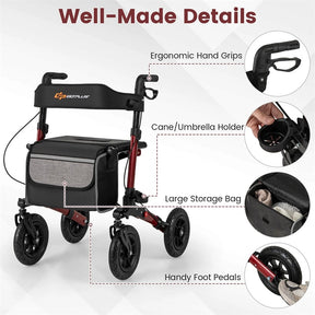 2-in-1 Folding Rolling Rollator Walker with Seat, 9" All-Terrain Pneumatic Tires & Height Adjustment, Aluminum Mobility Walking Aid for Seniors