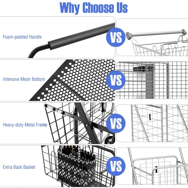 27.5 Gallon Jumbo Folding Shopping Cart with Waterproof Liner & Double Basket, Heavy Duty Portable Utility Cart for Grocery Market Laundry