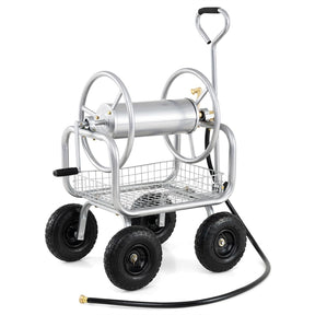 Portable Garden Hose Reel Cart Holds 300FT of 5/8" Large Capacity, Heavy-Duty Metal Hose Cart with 4 Wheels & Storage Basket for Lawn Yard