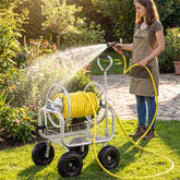 Heavy Duty Garden Hose Reel Cart, Portable 300 FT Large Capacity Metal Hose Cart with 4 Wheels & Storage Basket for Lawn and Garden