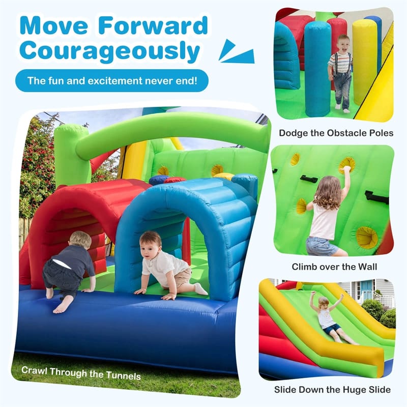 Inflatable Obstacle Course Bounce House w/ Dual Slides, Tunnels & Bounce Area, Huge Sectional Bouncy Castle for Big Kids Backyard