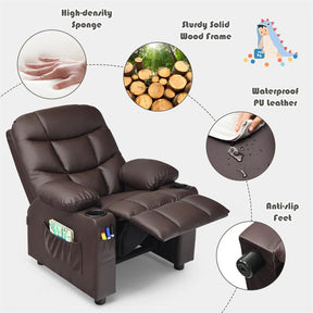 Kids Recliner Chair PU Leather Adjustable Lounge Sofa with Cup Holder, 3 Pockets & Retractable Footrest, Ergonomic Toddler Furniture Sofa