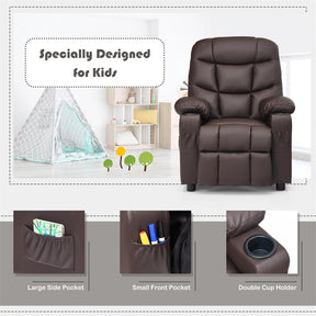 Kids Recliner Chair PU Leather Adjustable Lounge Sofa with Cup Holder, 3 Pockets & Retractable Footrest, Ergonomic Toddler Furniture Sofa