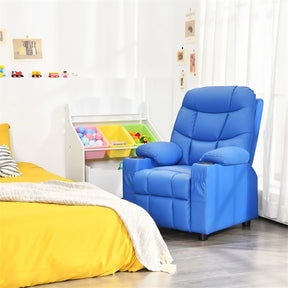 Kids Recliner Chair PU Leather Adjustable Lounge Sofa with Cup Holder, 3 Pockets & Retractable Footrest, Ergonomic Toddler Furniture Sofa